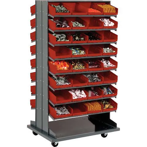 Double-Sided Mobile Rack 16 Shelvs with (64) 8"W Red Bins