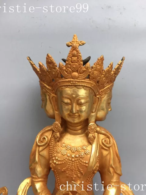 20.8" Tibetan Buddhism bronze Gilt 3 heads Tara Kwan-yin goddess Buddha statue 2