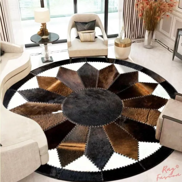 New Handmade HairOn Fur Leather Cowhide Round Rug Cow Skin Carpet Patchwork Area