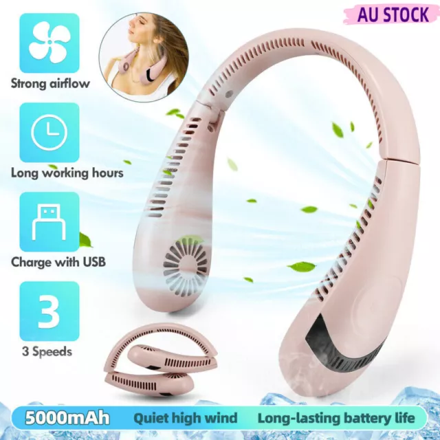 Portable 5000mAh Mini Neck Fan Bladeless Hanging Air Cooler USB Rechargeable AU