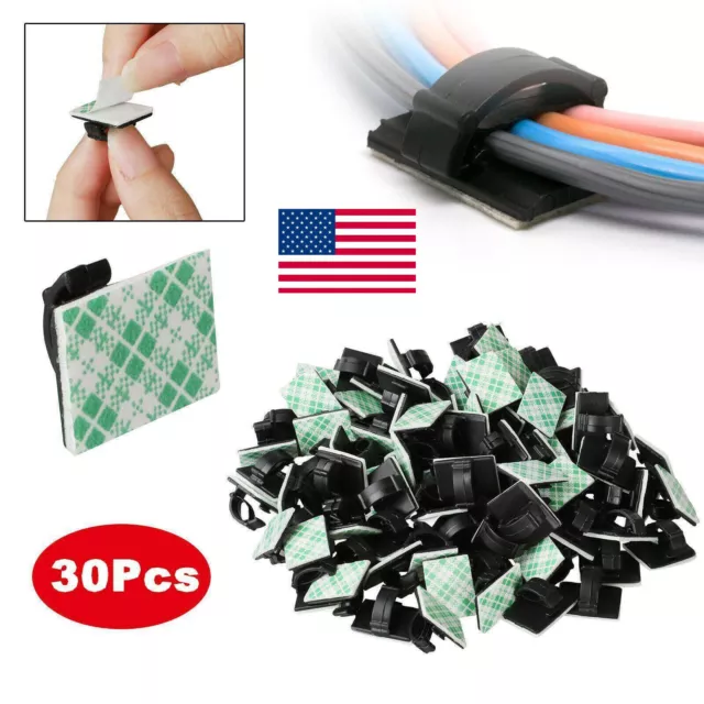 30Pcs Black Self-Adhesive Wire Clips Car Tie Rectangle Cable Holder Mount Clamp