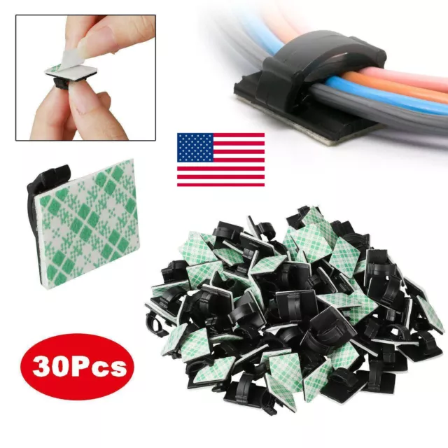 30X Black Self-Adhesive Wire Clips Car Tie Rectangle Cable Holder Mount Clamp US