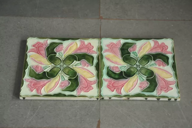2 Pc Vintage Star Shape D.K Mark Flower Embossed Ceramic Tiles , Japan