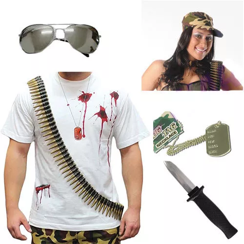 ADULT UNISEX ARMY FANCY DRESS ACCESSORIES HAT, BULLETS GLASSES MILITARY SET lot