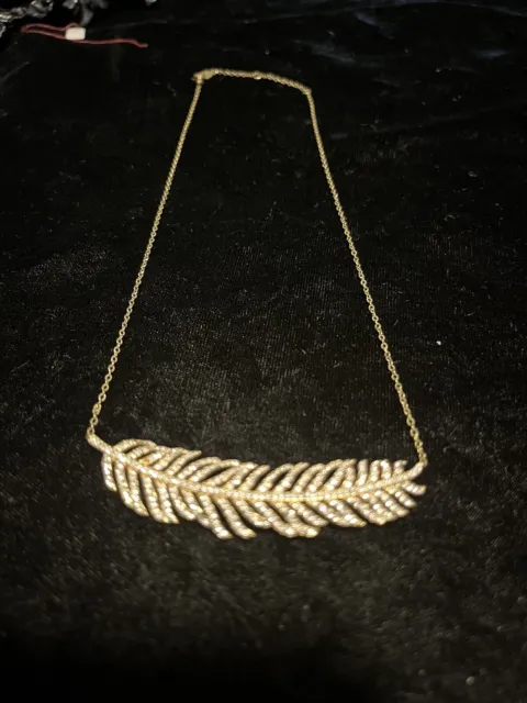 Detailed Feather Crystals Necklace On A Gold- Tone Chain ~ 17”