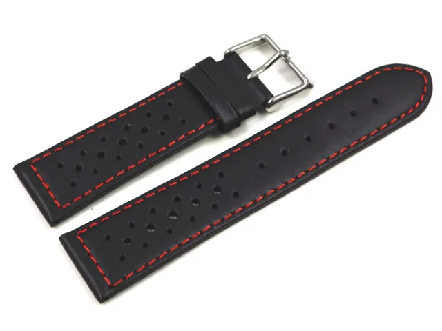 Bracelet de montre cuir de veau perforé noir couture rouge 18mm 20mm 22mm NEUF