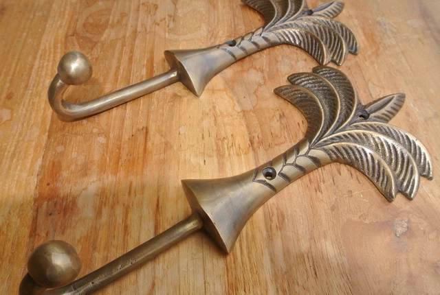2 large Palm tree COAT HOOKS solid age brass tropicle vintage old style 20 cm B 2