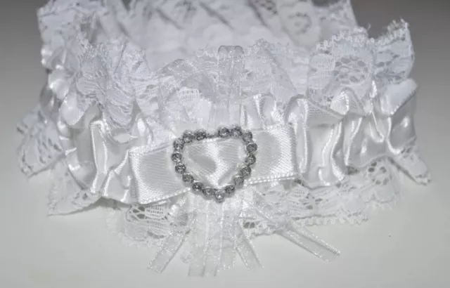 NEUF ruban blanc cassé et dentelle avec bling coeur argent jarretière de mariage mariée