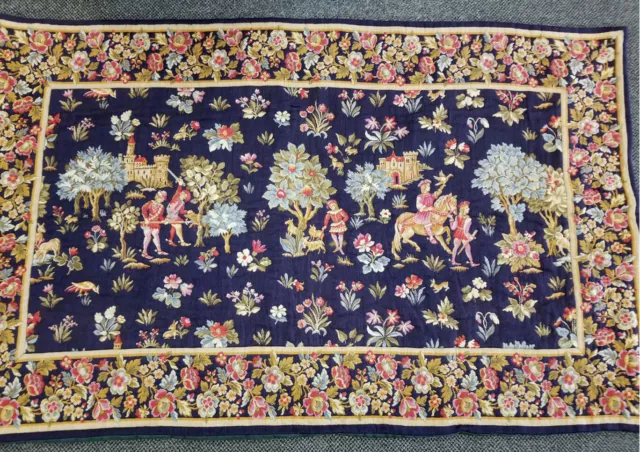 Vintage French Jaquar Tapestry Hunting  Medieval Wall Art Floral Border 7 Ft.