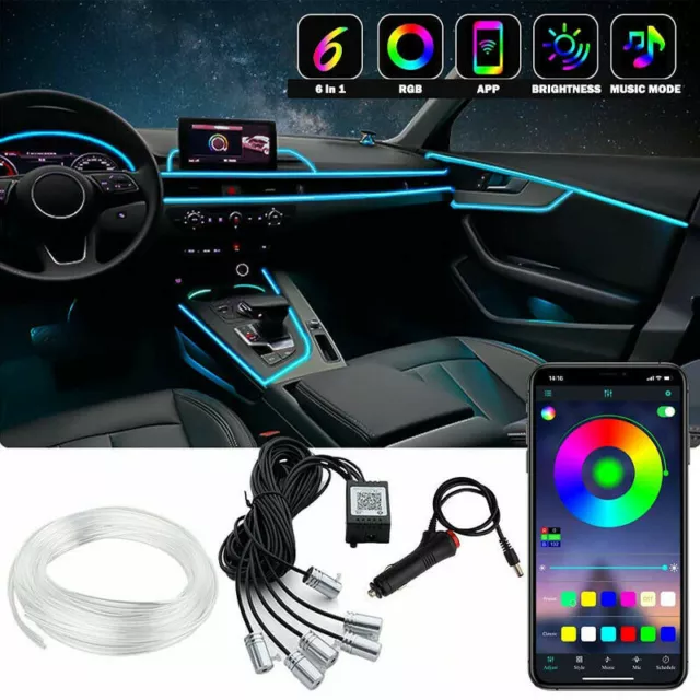 8M RGB LED Car Interior Fiber Optic Neon EL Wire Strip Atmosphere Light Kit APP