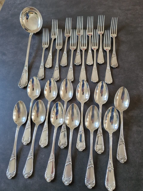 Lot De 24 Couverts Deetjen Marly : 12 Cuillères + 12 Fourchettes, Métal Argenté, Motif Louis XV