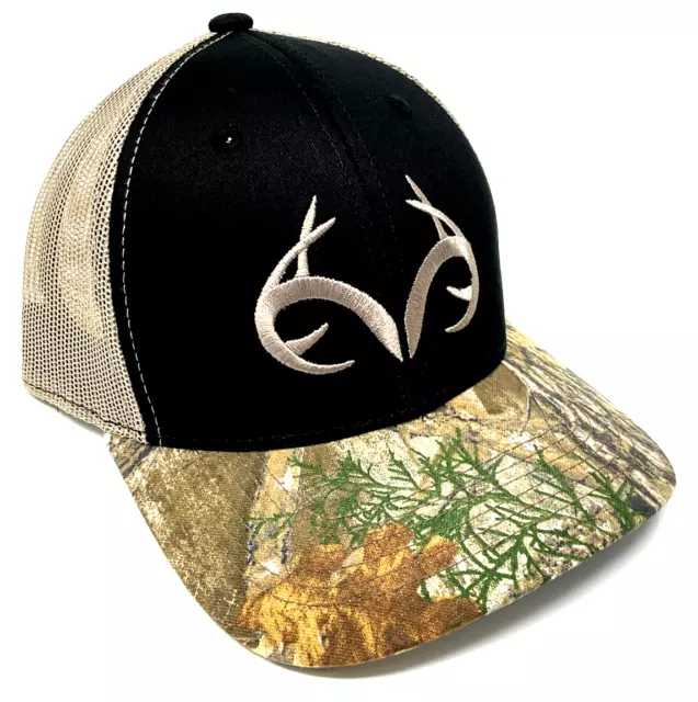 Realtree Antler Logo Black Camo Mesh Trucker Snapback Hat Cap Hunting Outdoor