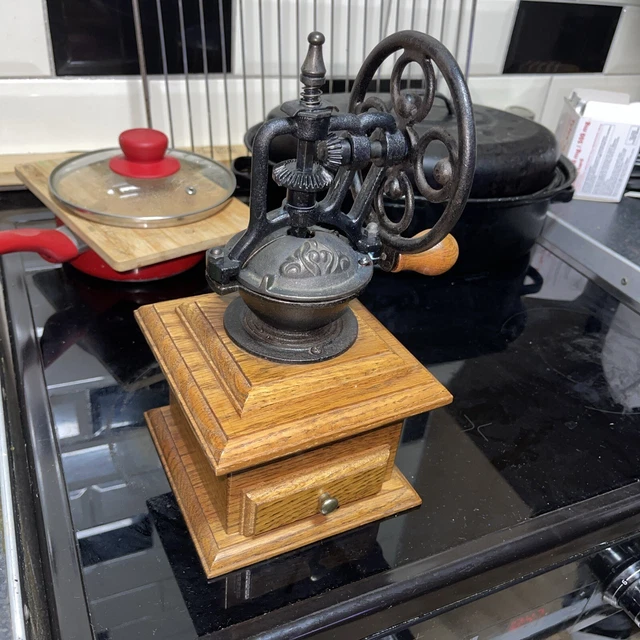 Vintage Large Table Top Wooden Cased Coffee Grinder With Cast Metal