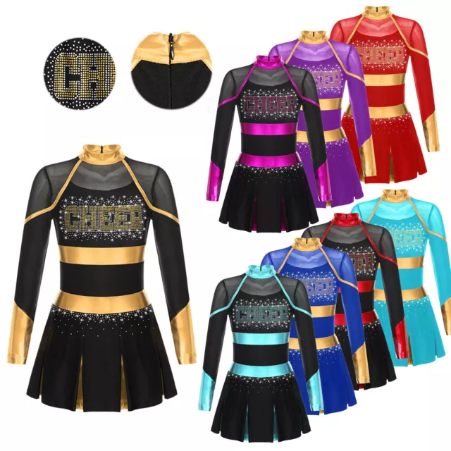 Kids Girls Rhinestone Letter Print Long Sleeve Cheerleading Uniform Dance Dress