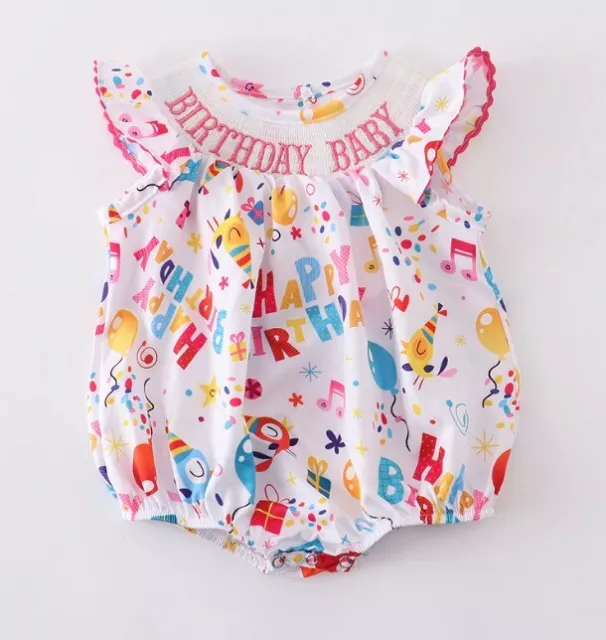 Boutique Birthday Smocked Baby Girls Bubble Romper Jumpsuit