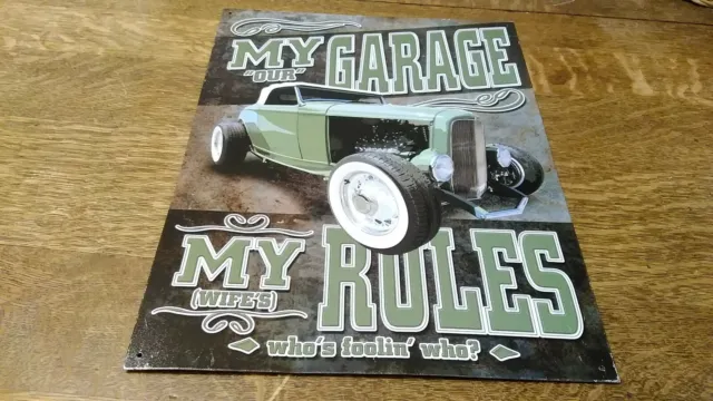 My "Our" Garage My "Wife's" Rules Funny Hot Rod -METAL TIN SIGN Vintage Man Cave