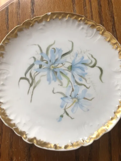 Antique J.P.L. Limoges Fr. 11-1/2" Hand Painted Charger Blue Flowers Gold Edge