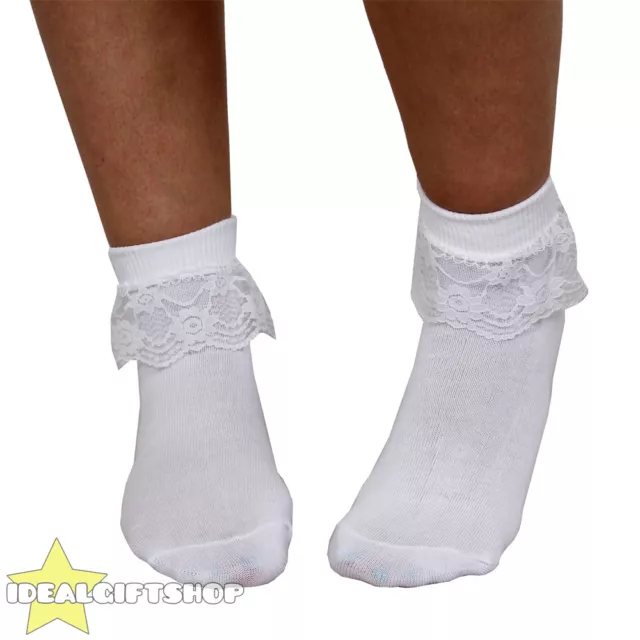 Womens White 50'S Frill Socks 1950'S Bobby Socks Adults Fancy Dress Accessory