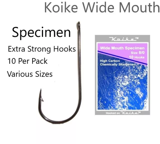 KOIKE WIDE MOUTH Specimen fishing hooks - size 1/0 to 10/0 Boat Beach  fishing £3.10 - PicClick UK
