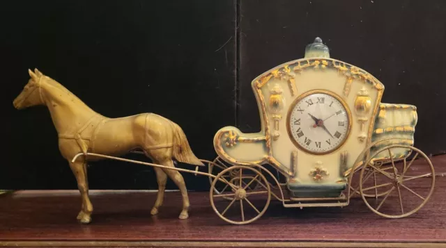Rare Vtg Horse + Carriage Clock Green Gold Ceramic Working Sessions Stagecoach