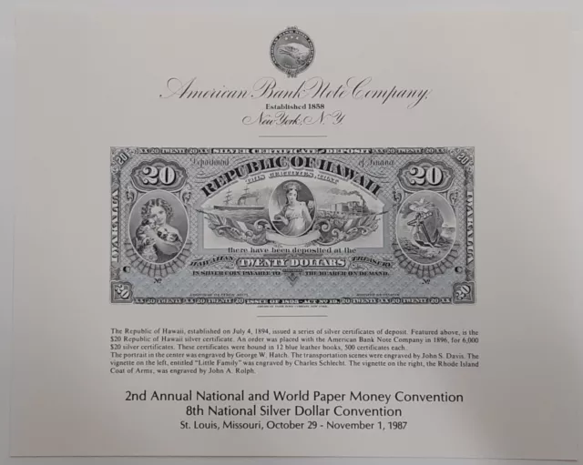 ABNC Souvenir Card 1987 NWPMC 1895 $20 Silver Cert Face Republic of Hawaii  SO58