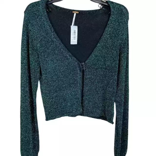 NWT Free People Womens Cardi Top Green Small Metallic V-Neck Emmaline Crop Tops