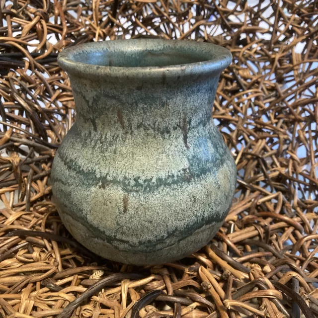Studio Art Pottery Signed Pot Vase Blue Green Terra Cotta 4.5”tall Matte Finish