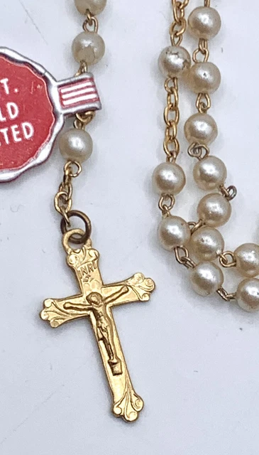 Vintage Chapel 14K Gold Filled Pearl INRI Rosary Beads Cross Crucifix Necklace Vintage Chapel 14K Gold Filled Pearl INRI Rosary Beads Cross Crucifix Necklace