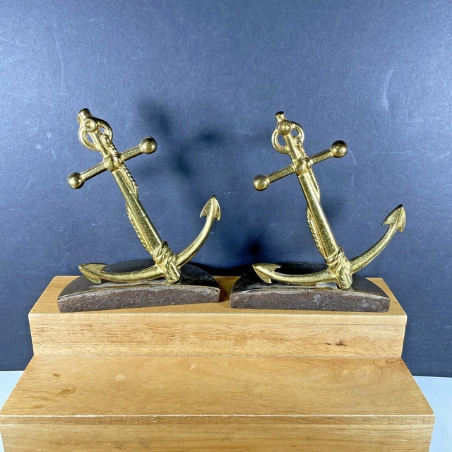 Vintage 1960's Pair Of Cast Iron Brass Finish Ships Anchor Bookends Book Ends