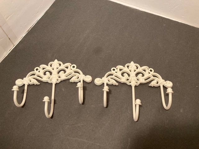 PAIR White Metal Wall Hooks 3 Hook Rustic Farmhouse Wall Towel Coat Purse Hanger