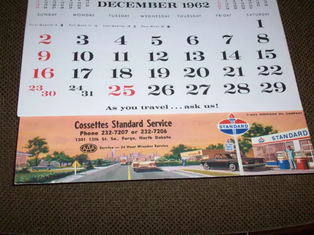 1962 Cossettes Standard Service Oil Gas Advertising Calendar Fargo North Dakota 2