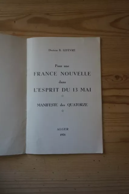 Brochure "Pour une France nouvelle dans l'esprit du 13 mai" Docteur B. Lefevre