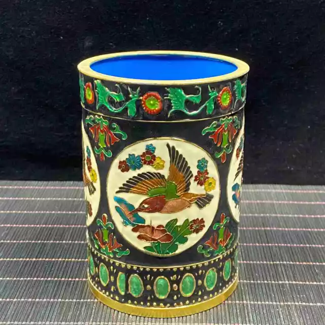 Collect Chinese Copper Cloisonne Handmade Exquisite Flower Bird Brush Pot 91231
