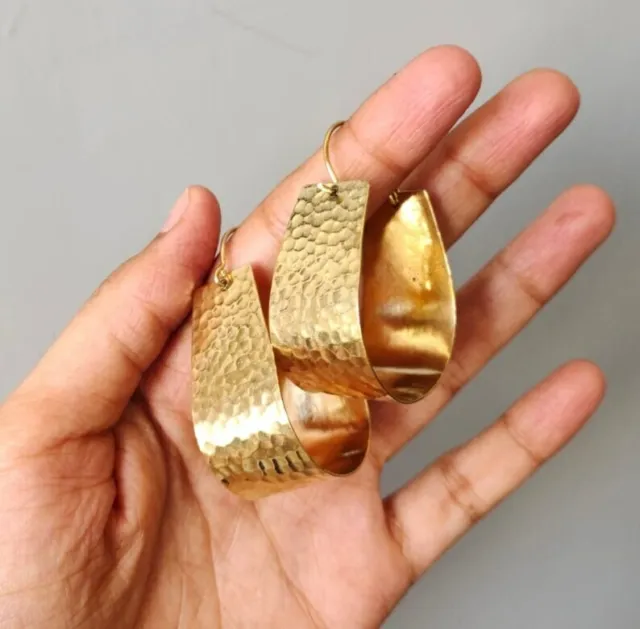 Large Gold Plated Vintage Afghani Brass Hoops Tribal Mandala Hammered Earrings
