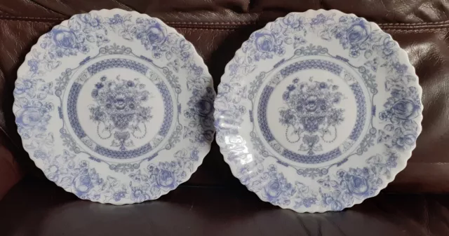 2 X Arcopal France Honorine Blue White Milk Glass Dessert Lunch Plates - 9"