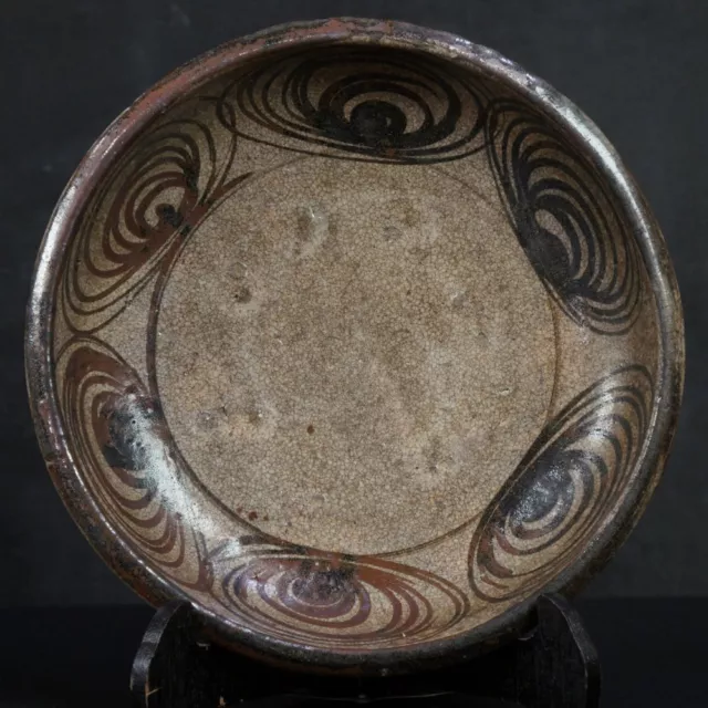 Antique Japan Edo era Uma-nome horse-eye Seto ceramic plate 1700s wood kiln art.