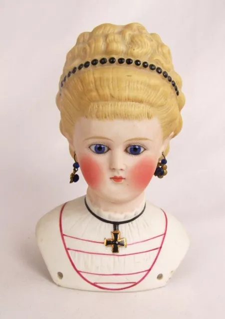 Antique Germany Bisque Shoulder Head Glass Eyes Molded Blonde Curly Hair Doll