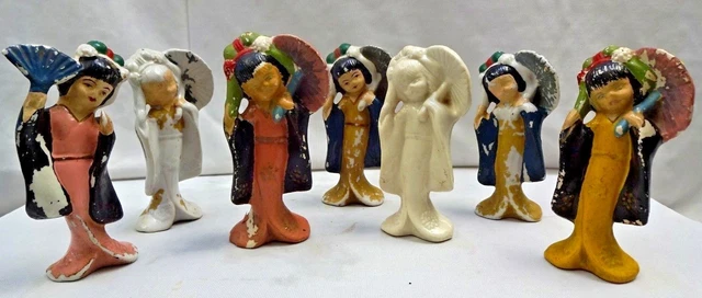 VINTAGE JAPANESE DOLLS COLOURFUL CERAMIC PORCELAIN FIGURE COLLECTIBLES 7 Pc  #44