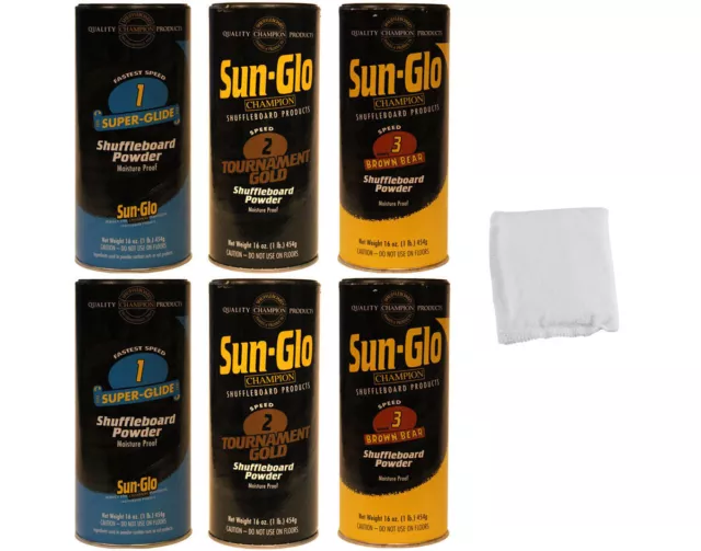 Sun-Glo FAST Mix Shuffleboard Powder Wax 6 Pack - 2 cans of Speed 1-3 + Talc Bag