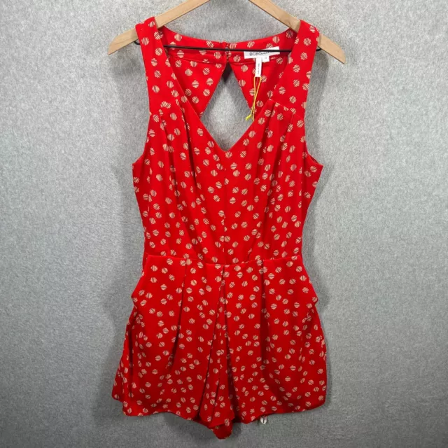 BCBGeneration Romper Red Size 12 Cutout Sleeveless Short Patterned Pockets NWT