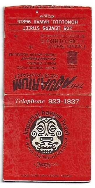 Tiki God Tropical Matchbook Imperial Hawaii Hotel The Aquarium Honolulu, HI