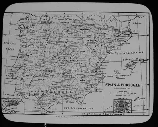 ANTIQUE Magic Lantern Slide MAP OF SPAIN AND PORTUGAL C1890 VICTORIAN DRAWING