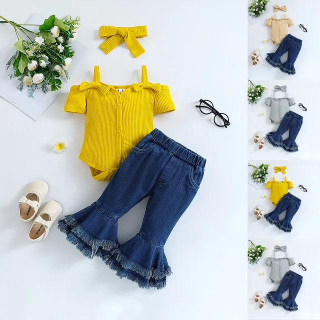 Infant Baby Girl Solid Romper Tops Jeans Denim Pants Headband Set Outfit Clothes