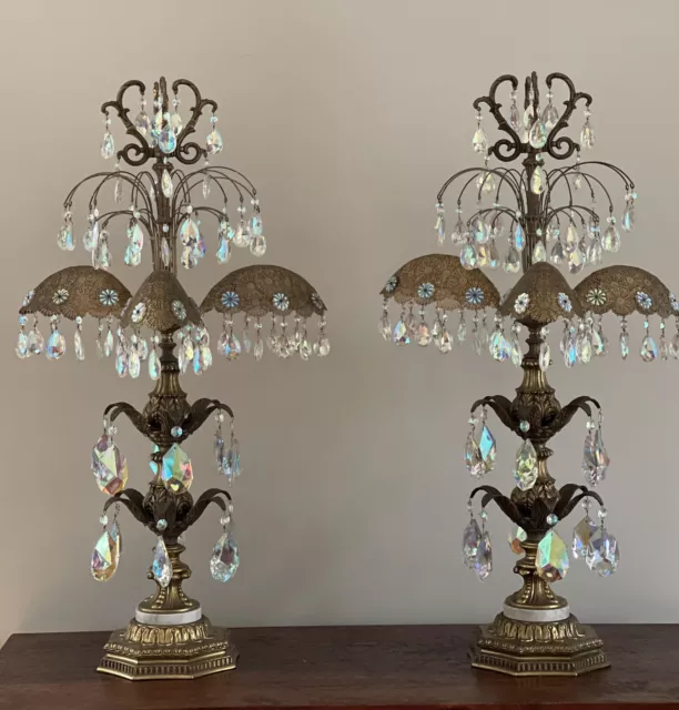 Antique Art Deco Nouveau Palm Frond Crystal Filigree Chandelier Table Lamp Pair