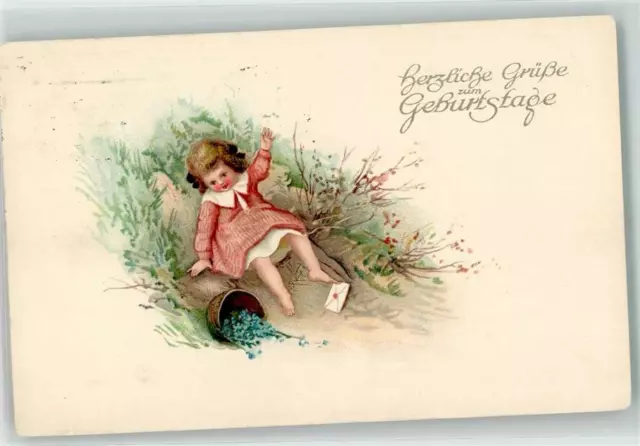 39413227 - Missgeschick Topf mit Vergissmeinnicht Brief Kind AK Geburtstag 1925