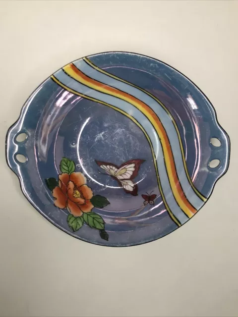 Noritake Hand Painted Vintage Handled Opalescent Rainbow Butterfly Floral Bowl