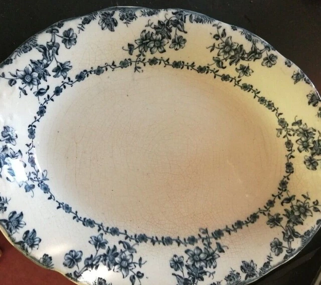 Blue white transferware samuel ford Co GEM pattern meat dish or server antique