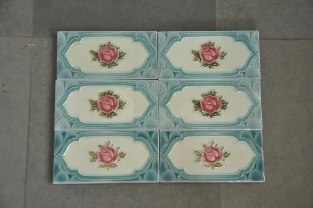 6 Pc Vintage Rose Flower Embossed H&R Johnson Mark Ceramic Tiles,England