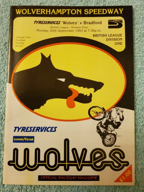 WOLVERHAMPTON SPEEDWAY 1993 OFFICIAL PROGRAMME v BRADFORD. 20th SEPT 27th MEET.