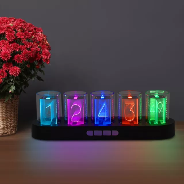 LED Modern Nixie Tube Clock Alarm (5 Tubes) Wood-like Base Digital Display Clock